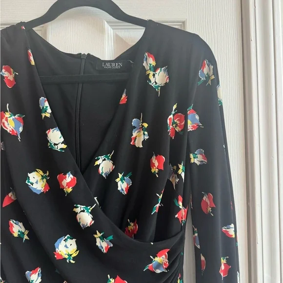 LAUREN RALPH LAUREN Floral Surplice Jersey Dress Long Sleeve Size 10